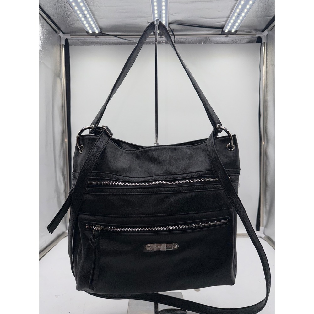 Franco Sarto Black Pebbled Leather Hobo Crossbody Bag Multi-Pocket Handbag